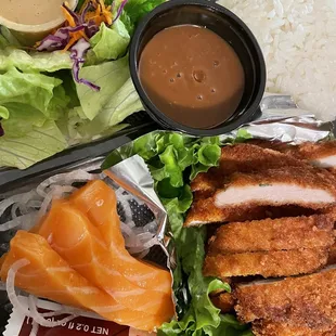 Dinner Combo: Tonkatsu and salmon sashimi