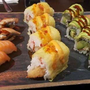 Salmon nigiri, eel nigiri, superman roll, gulf of Mexico roll