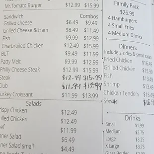 the price list for the restaurant