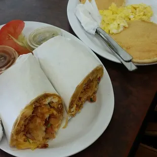 chorizo burrito and mickey pancakes