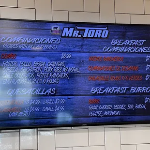 the menu on the wall