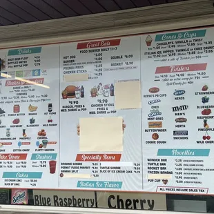 a menu for a blue raspberry cherry