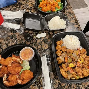 Coconut shrimp, top- dynamite shrimp , right- Kung POW shrimp.
