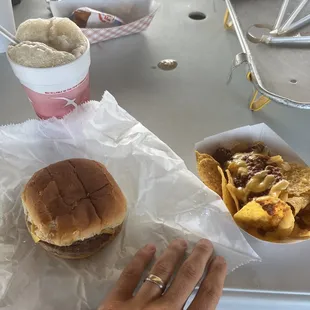 Burger and nachos