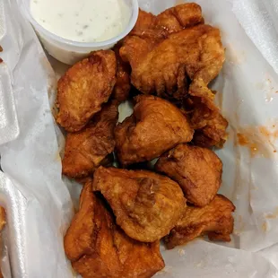 Boneless bites. Hot flavor with ranch. $7.25.