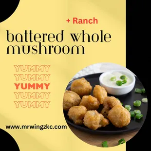 a plate of battered whole mushroom