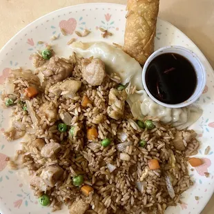Chicken Fried Rice/Egg Roll and Steamed Dumplings