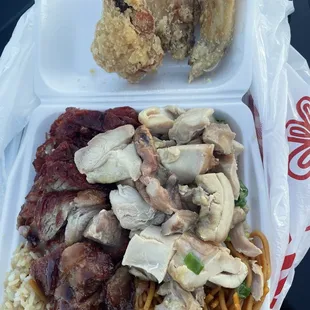 BBQ pork, mandarin (fried) chicken, teriyaki chicken, fried rice, noodles.