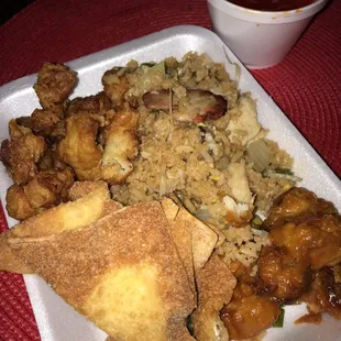 House fried rice, cream cheese wontons, orange chicken &amp; sweet and sour pork