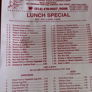 Lunch Special Menu