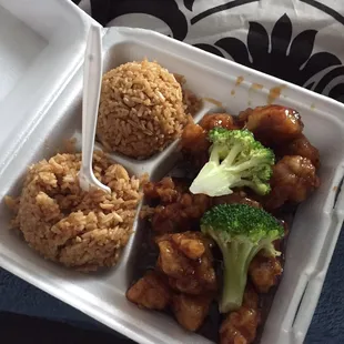 Orange chicken! Can definitely taste the orange in the sauce! Only dislike is the fattiness of the chicken.
