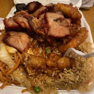BBQ Pork, Orange Chicken, Rice, Chow Mein