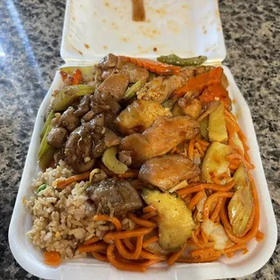 Combo #2, two entrees with fried rice and lo mien for $7.99+tax.