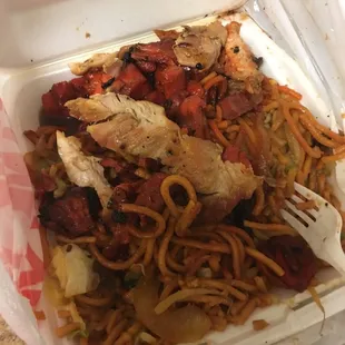 Teriyaki chicken and barbecue chicken with chow mein