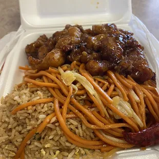 Fried rice, chow mein, and orange chicken.