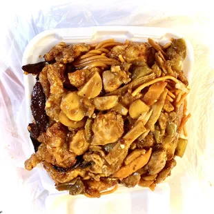 "Spicy chicken"&amp; spicy "orange-chicken"over chow-mein noodles. Delightful for craving.