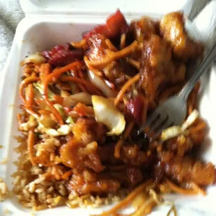 a take out container of food
