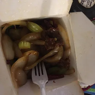 Very hard and dry meat worst Mongolian beef I&apos;ve ever had in my life, never going back again waste of $10