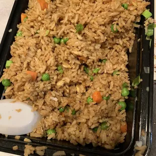 Shrimp fried rice. Had to dig through to find the shrimp. Also it&apos;s spicy for some reason.