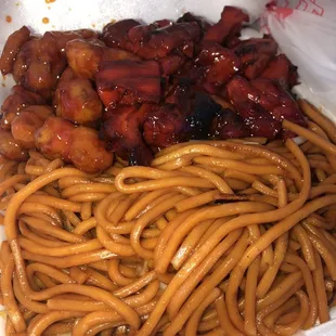Orange chicken, bbq chicken, and chow mein