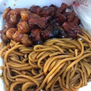 Orange chicken, bbq chicken, and chow mein