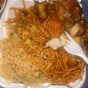 Spicy Pork Ribs (they were so tender ) and Orange Chicken with half chow mein and half fried rice (both pretty good)