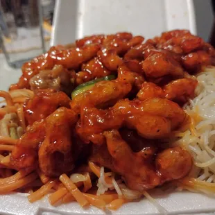 Orange chicken on top