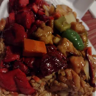 gung pao, bbq beef; chow mein and rice