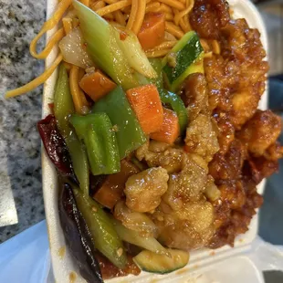 Kung Pao Chicken and Spicy Orange Chicken with Chow Mein noodles