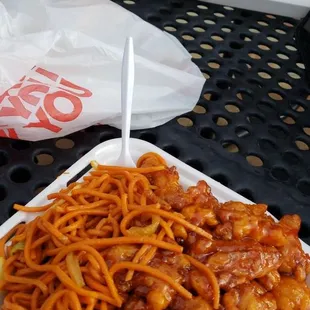a plate of spaghetti and meat