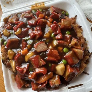 Egg foo young w/ pork .  Expect a 15 min wait if ordering.