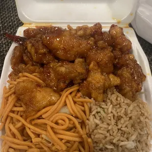 Half and Half and two servings of spicy orange chicken.