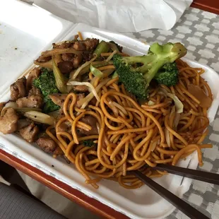 Two-item combo with all chow mein, broccoli beef, and black pepper chicken. This was as far as I got before I found the worm.