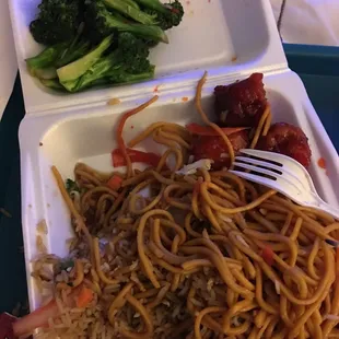 All broccoli and no beef :( maybe 2 pieces. Rice was stale and the sweet pork tough to chew :(