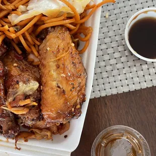 a take out container of food