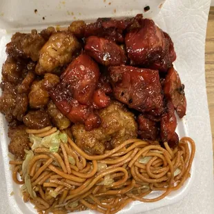 chow mein with orange chicken &amp; bbq chicken