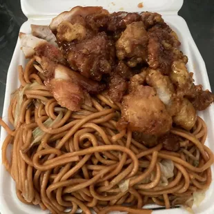 chow mein with orange chicken &amp; terriyaki chicken