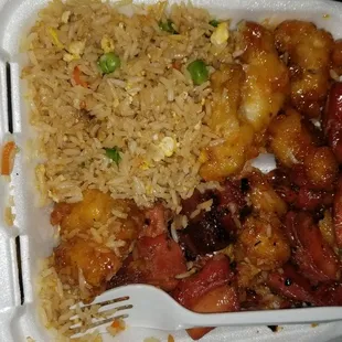 Orange chicken, BBQ chicken (think of the flavor of those red chinese bbq ribs) and rice.