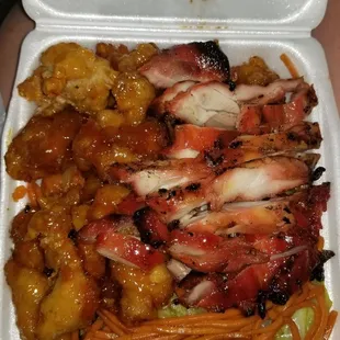 Orange chicken, teriyaki chicken and chow mein. Too much food coloring but the flavor was delish.