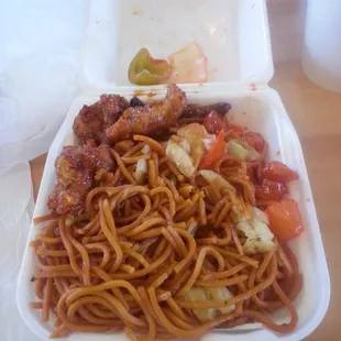 Spicy oranhe chicken, sweat and sour chicken and chow-mein.