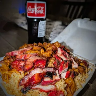 Combo-B with BBQ Pork and Spicy Orange Chicken. The meats were delicious, satisfying and juicy.