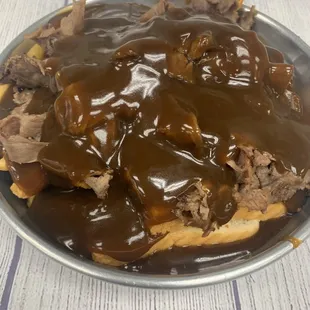 Open face roast beef and fries