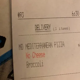 receipt that says no cheese