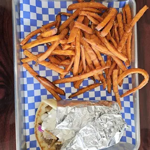 Gyro and sweet potato fries. It is a very good meaty gyro.