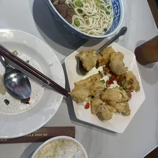 salt and pepper fish and braised beef noodle soup