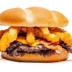 a hamburger with bacon and cheese