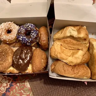 Dozen donuts and ham and cheese croissants
