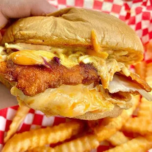 Yardbird sandwich with krinkle cut fries