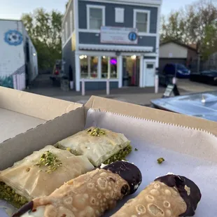 Chocolate dipper cannoli and pistachio baklava