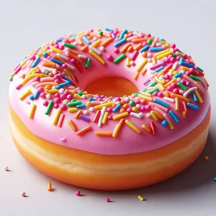 Strawberry iced donut with rainbow sprinkles.